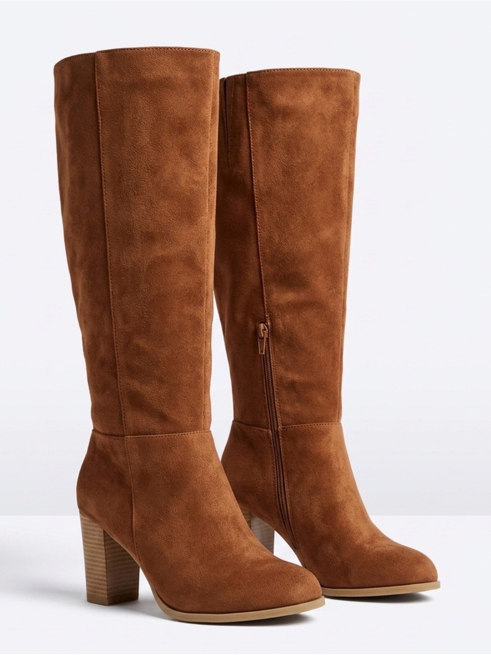 Mid-Calf Suede Heeled Boots in Cognac Brown